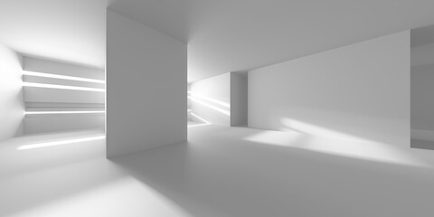Obraz premium Minimalist sunlit empty room with geometric shadows for modern interior design inspiration. 3d render
