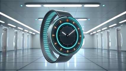 Sleek futuristic smartwatch design concept in modern office corridor ready for innovation