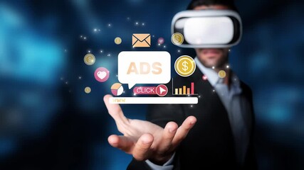 Explore the future of marketing with a professional utilizing a virtual reality headset, surrounded by engaging advertising graphics that illustrate innovative ad strategies. Raster