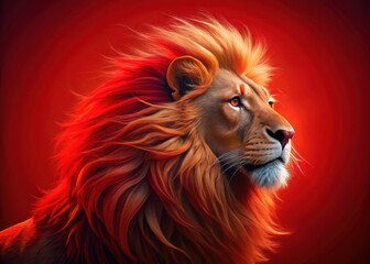Vibrant red lions majestic mane flows freely on a bold, crimson background