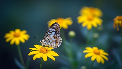 A beautiful butterfly rests on a vibrant yellow flower in nature