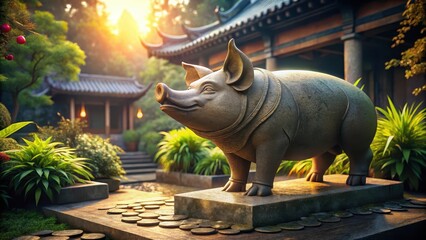 A majestic Chinese stone pig statue in a serene Asian garden