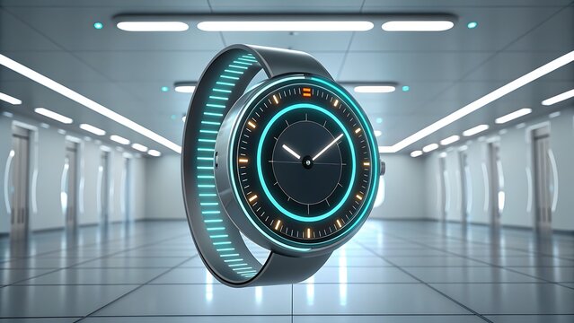 Sleek futuristic smartwatch design concept in modern office corridor ready for innovation - Powered by Adobe