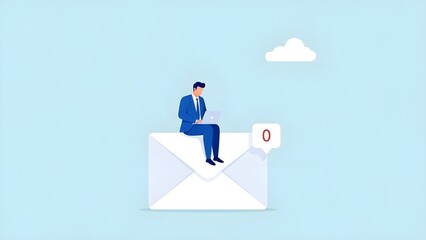 Businessman sitting on large email icon with zero notification badge