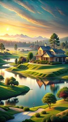 A serene golf course landscape featuring idyllic homes and a picturesque lake