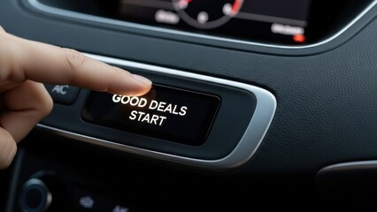 Hand pressing illuminated car button reading "GOOD DEALS START" on dashboard