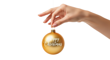 A woman's hand holds a golden Christmas ornament with a festive message.