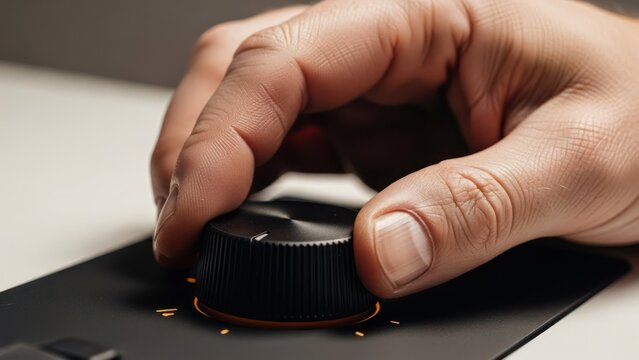 Hand turning a black rotary dial on a sleek black surface, adjusting settings
