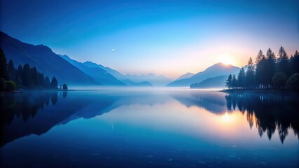 A serene lake at dawn, with a mirrorlike reflection of blue water and a soft, natural background