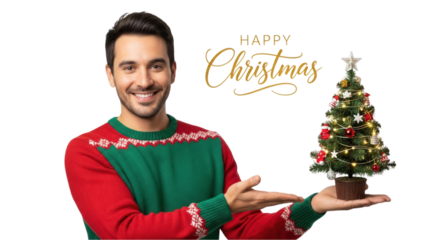 Cheerful man holding a small decorated Christmas tree, festive holiday cheer