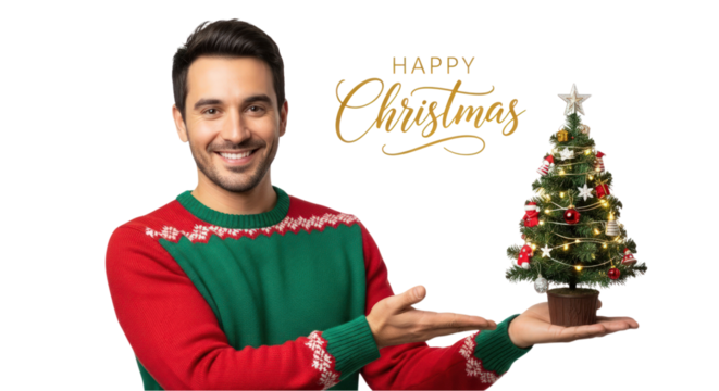 Cheerful man holding a small decorated Christmas tree, festive holiday cheer