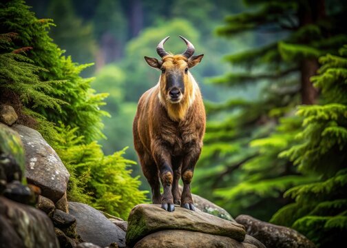The majestic Bhutan takin stands proudly on a studio background of ancient Himalayan stones and lush green foliage