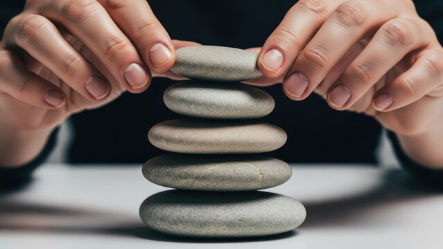 Hands carefully stack smooth gray stones, creating a balancing tower on a white surface