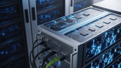 High-tech server rack with glowing circuits, cables connected. Data center environment