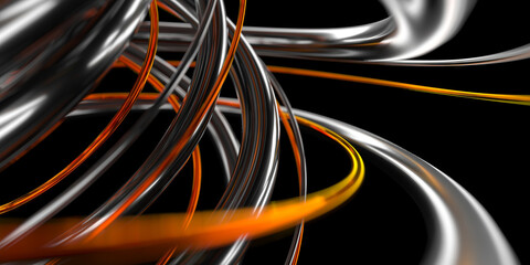 Dynamic abstract ribbon art with metallic and orange colors for modern design. 3d render