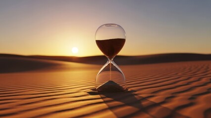Hourglass amid a desert sunset, sand flowing, golden light, ripples and shadow