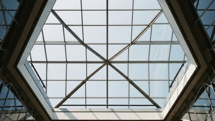 Hexagonal glass ceiling of a modern building, viewed from below with crossbeams