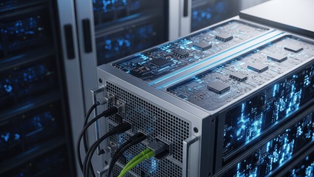 High-tech server rack with glowing circuits, cables connected. Data center environment - Powered by Adobe