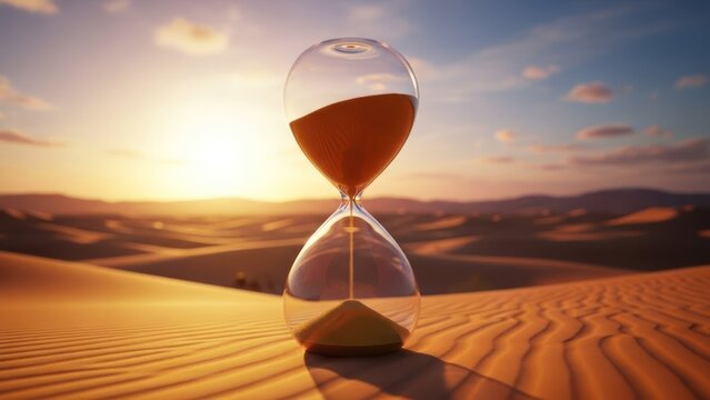 Hourglass amid a desert sunset, sand flowing as dunes stretch into the horizon
