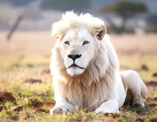 A majestic lion with creamy white fur rests in a grassy field bathed in soft sunlight, showcasing its regal posture