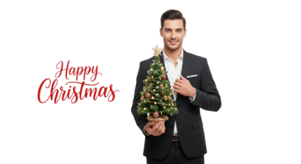 A smiling man celebrates Christmas with a small decorated tree indoors.