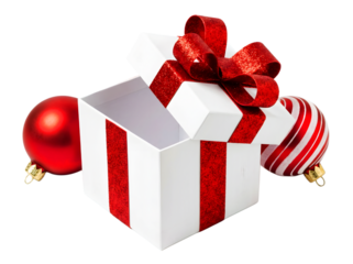 gift box tied red ribbon bow and Christmas baubles Isolated on white background