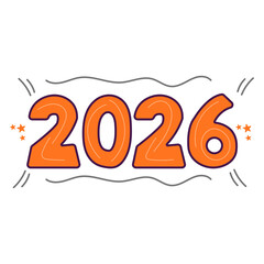 Happy New Year 2026 Cartoon Style Bold Orange Numbers with Stars and Decorative Wavy Lines on a Black Background.