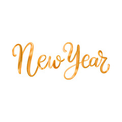 Fototapeta premium Golden Glitter Cursive New Year Lettering with Realistic Sparkle Dust on a Light Gray Background.