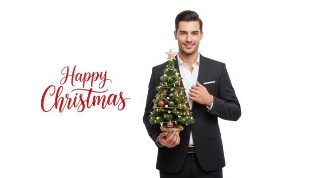 A smiling man celebrates Christmas with a small decorated tree indoors.