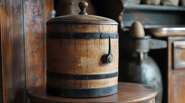 Vintage wooden ice cream churn rustic charm