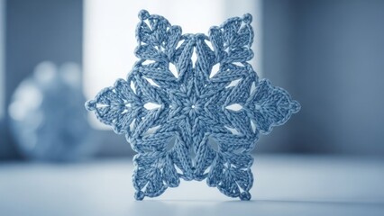 Intricate, crocheted snowflake, light blue, resting on white surface, with blurred background