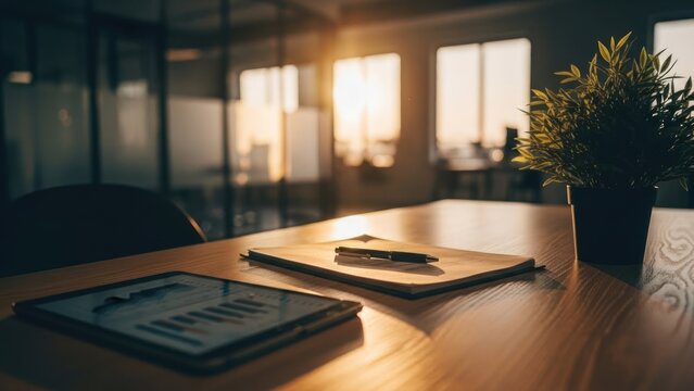 Interior shot of a modern office desk with paperwork and a tablet, bathed in sunlight