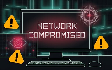 Network Compromised Warning on Digital Monitor with Alert Symbols Background
