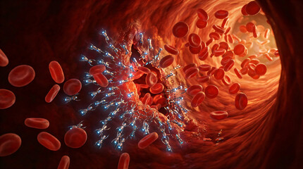 Dramatic 3D illustration of a blue virus particle infecting and attacking red blood cells in human bloodstream. Medical and virology concept