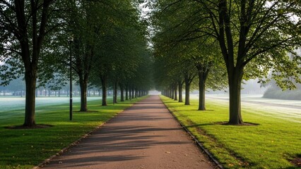 Obraz premium Long pathway flanked by symmetrical trees in a misty park, bathed in sunlight