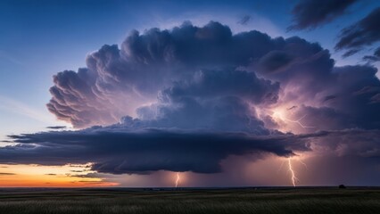Majestic thunderstorm with lightning strikes over a vast grassy field at sunset