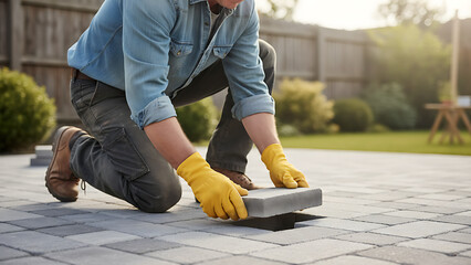 Faceless landscaper man laying interlocking paving stones creating new backyard patio defocused garden background wearing protective gloves work clothes outdoor hardscaping, Home & Garden Transformati