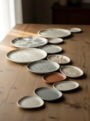 Varied ceramic plates arrangement on wooden surface still life aesthetic