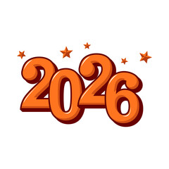 Happy New Year 2026 Bold Orange 3D Numbers with Stars and Shadow Effect on a Black Background.