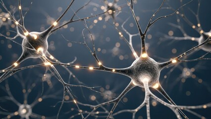 Microscopic view of neurons with glowing synaptic connections on a dark blue background