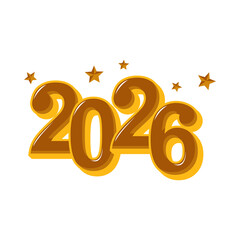 Happy New Year 2026 Bold Brown and Gold 3D Numbers with Stars and Shadow Effect on a Black Background.