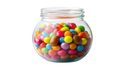 A clear glass jar filled to the brim with a colorful assortment of candy coated chocolate pieces on transparent background