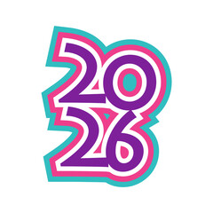 Happy New Year 2026 Retro Pop Art Style Typography with Neon Colors, Purple, Pink, and Turquoise Outlines on a Black Background.