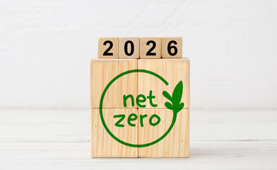 Sustainable Net Zero Icon on Wooden Blocks with 2026 Year Display
