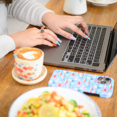 young woman working on laptop in  cafe