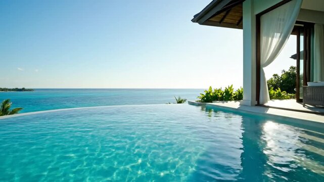 Luxury Villa Infinity Pool Overlooking Tropical Ocean on Sunny Day