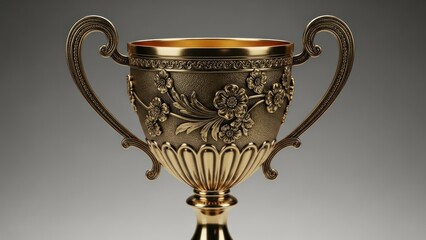 Ornate golden chalice with floral detailing and curved handles, isolated against gray