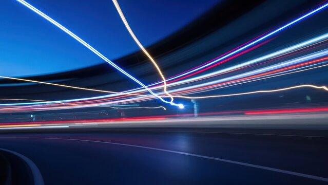 Night shot of speeding vehicles creating light trails on a curved road