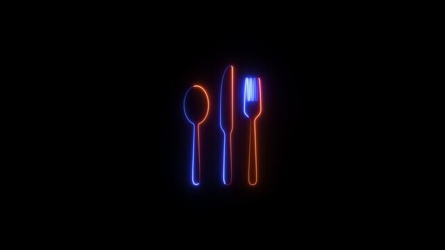 Animated neon cutlery icon. Glowing line spoon icon motion graphics. cutlery set spoon fork knife 4k video footage.