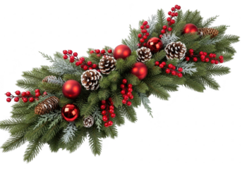 Christmas garland with pinecones and red berries, isolated on transparent background
